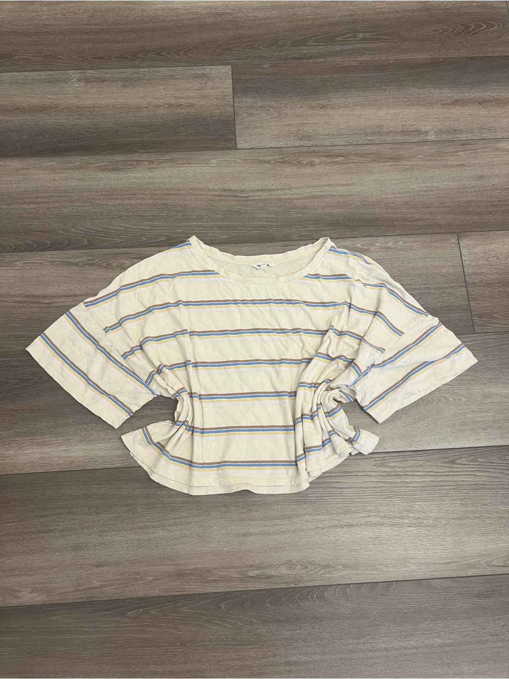 Lucky Brand Cream Cropped Tee with Blue & Brown Stripes